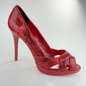 Karen Millen‎ Peep Toe Heels Size 39 8 US Red Reptile Snakeskin Stiletto
